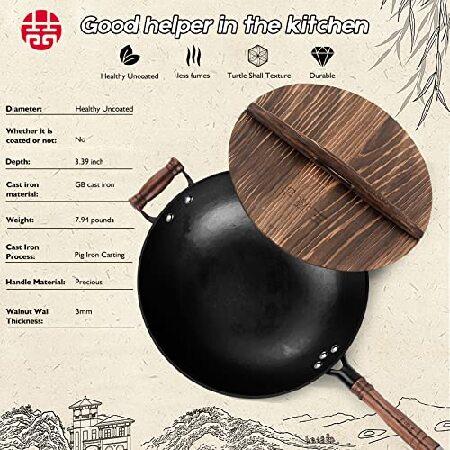 【並行輸入品】 WANGYUANJI Cast Iron Wok,13.4\" Craft Wok Chinese Wok,Flat Bottom Iron Woks with Lid,Fry Pan Suitable for Induction, Electric, Gas,の画像
