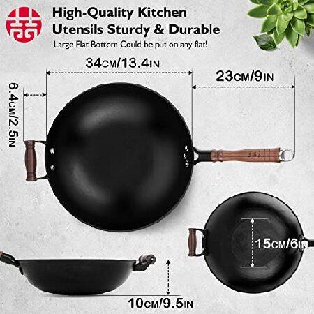 【並行輸入品】 WANGYUANJI Cast Iron Wok,13.4\" Craft Wok Chinese Wok,Flat Bottom Iron Woks with Lid,Fry Pan Suitable for Induction, Electric, Gas,の画像