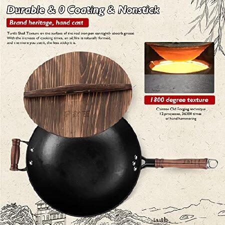 【並行輸入品】 WANGYUANJI Cast Iron Wok,13.4\" Craft Wok Chinese Wok,Flat Bottom Iron Woks with Lid,Fry Pan Suitable for Induction, Electric, Gas,の画像