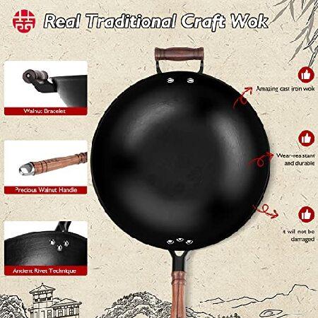 【並行輸入品】 WANGYUANJI Cast Iron Wok,13.4\" Craft Wok Chinese Wok,Flat Bottom Iron Woks with Lid,Fry Pan Suitable for Induction, Electric, Gas,の画像