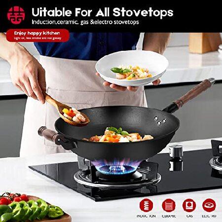 【並行輸入品】 WANGYUANJI Cast Iron Wok,13.4\" Craft Wok Chinese Wok,Flat Bottom Iron Woks with Lid,Fry Pan Suitable for Induction, Electric, Gas,の画像