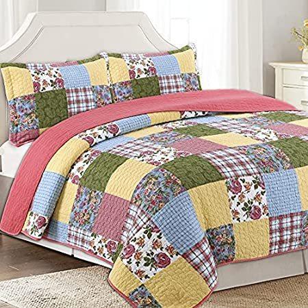 【在庫処分】 Queen Set Bedspread Patchwork Floral Plaid Quilt Beddin【並行輸入品】 Reversible Printing 毛布、ブランケット