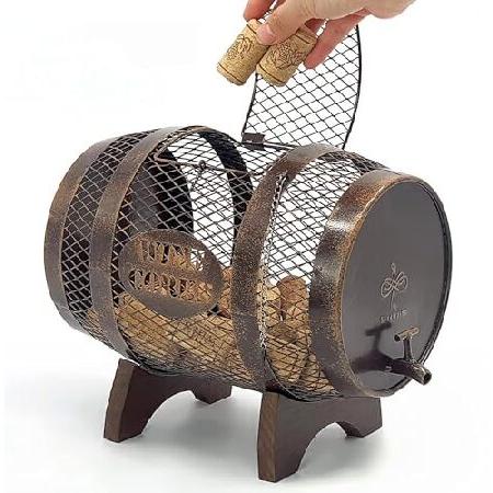 アンティークダークブラウン装飾ワインホルダー　コルクオープナー付き 並行輸入品】 素朴なメタル 大きな樽型ワインコルクホルダー 木製