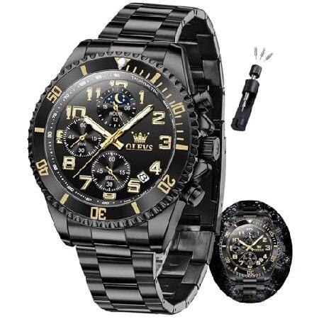 【並行輸入品】 OLEVS Watch Men Luxury Black Stainless Steel Dress Wrist Waterproof Quartz Analog Watches for Men Nice Fashion Chronograph Moon Phase L | ブランド登録なし