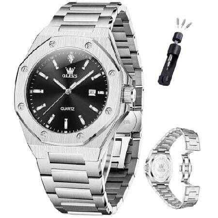 【並行輸入品】 OLEVS Watch Men Luxury Silver Stainless Steel Dress Black Face Waterproof Quartz Analog Watches for Men Large Octagonal Dial Luminous M