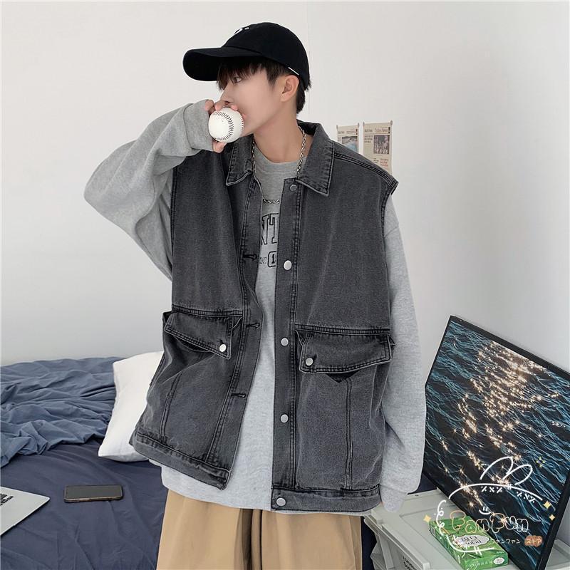 ベスト メンズ デニムベスト ジャケット ウォッシュ加工 無地 大きい 