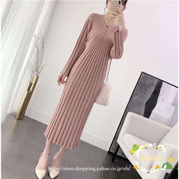 ワンピース レディース 秋 冬 リブニット ミディ丈 膝丈 Aライン  