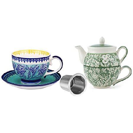 【代引き不可】 Taimei Teatime Green Teacup and Saucer Set + Ceramic Teapot for One Set Bun＿並行輸入品 ティーカップ、ソーサー