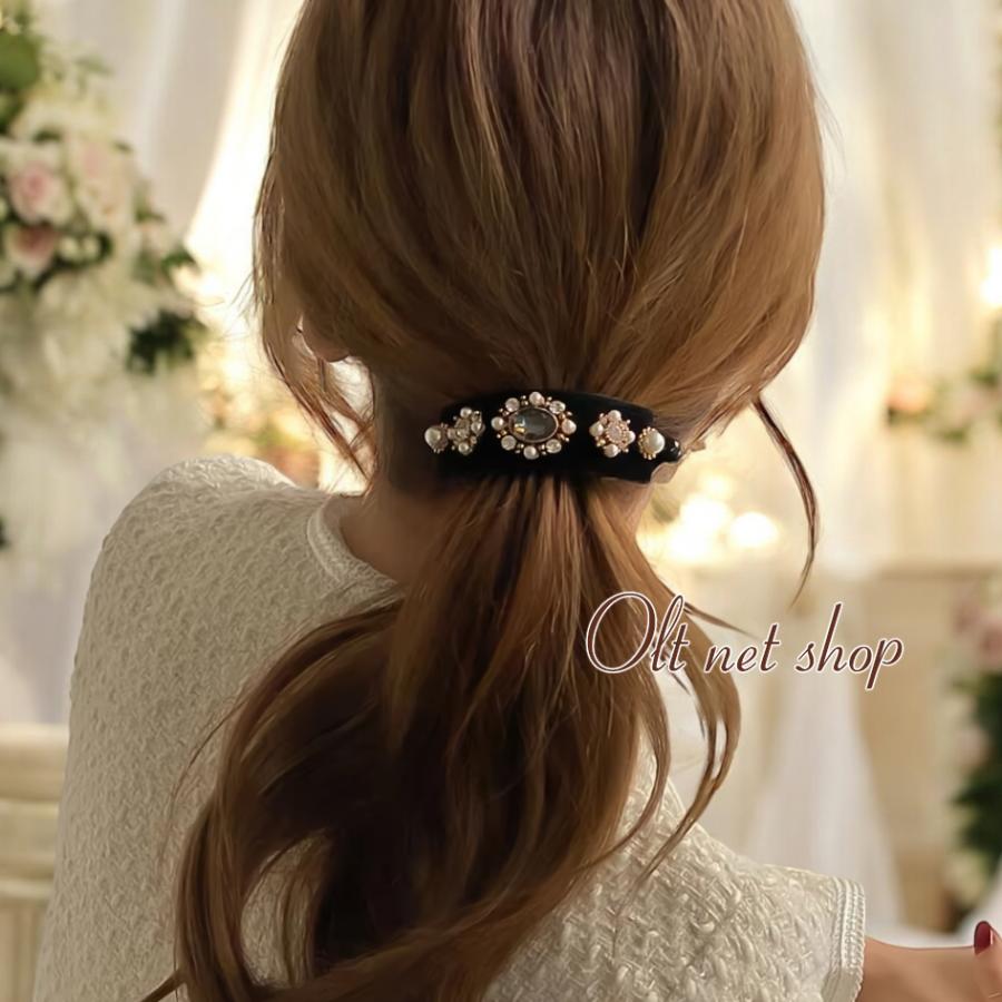 バナナクリップ ビジュー パール アーチ型 2タイプ スエード調 バネ