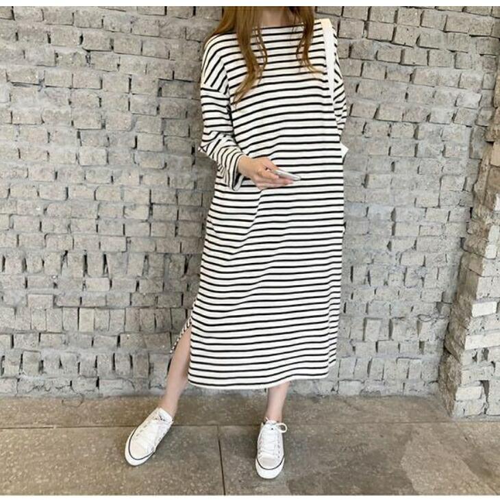 ワンピース ボーダー柄 ボーダーワンピース ボーダー ボートネック ゆったりシルエット スリット 着回し ミニマルコーデ シンプル ベーシック レディース レデ Gvn1 Olulu 通販 Yahoo ショッピング