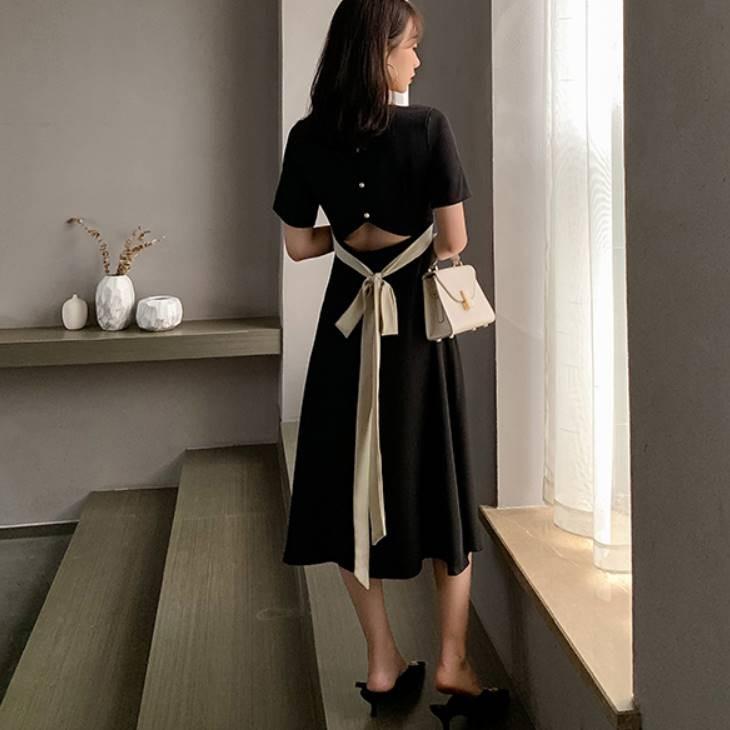 バックシャンワンピース バックシャン 背中あき ワンピース ワンピ 半袖 バックリボン ボタン フレアスリーブ レディースファッション かわいい カジュアル 大 Gw0f Olulu 通販 Yahoo ショッピング