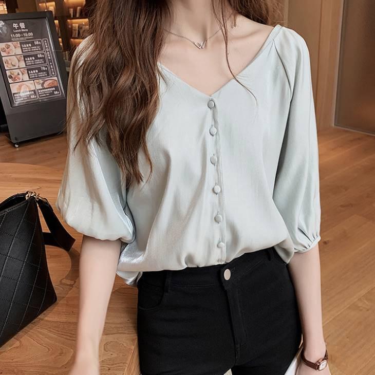 カットソー Vネック ブラウス パフスリーブ ニット レディース トップス カットソー インナー カジュアル ママファッション オフィスカジュアル 大人カジュア Gwj3 Olulu 通販 Yahoo ショッピング