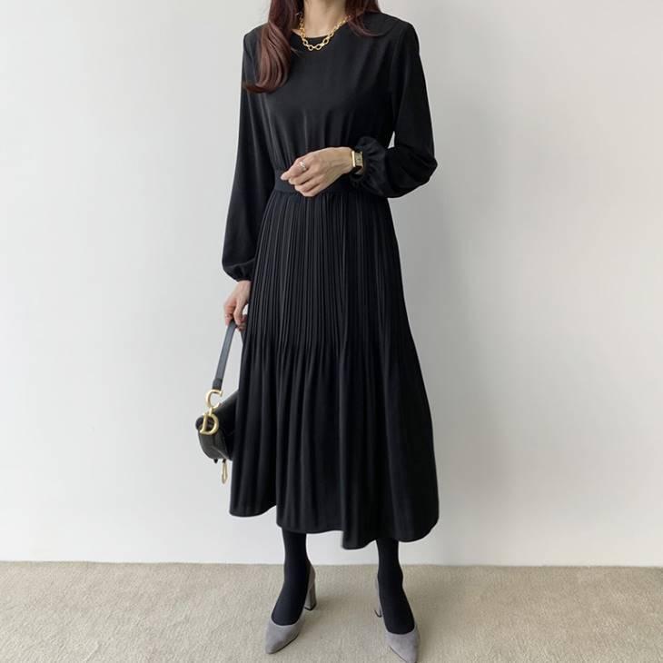 ワンピース 長袖 ロング丈 裾フレア プリーツスカート レディースファッション ママファッション ワンピ カジュアル シンプル 大人カジュアル 着回し 着痩せ Gy5i Olulu 通販 Yahoo ショッピング