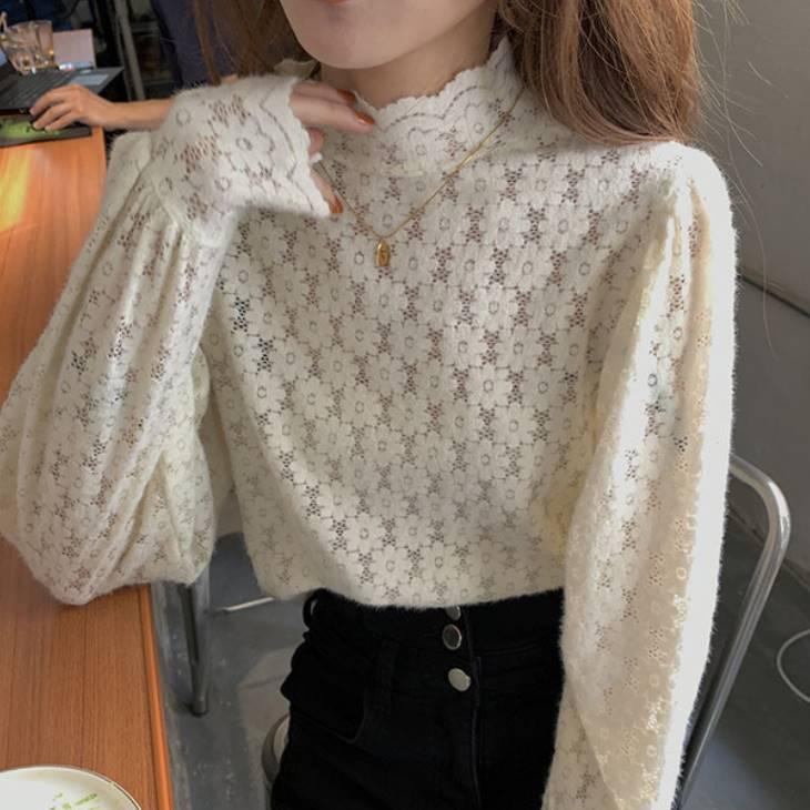 レースカットソー レースブラウス ハイネック パフスリーブ 総レース ブラウス トップス インナー シアー カットソー Tシャツ シャツ レディースファッション Gyge Olulu 通販 Yahoo ショッピング