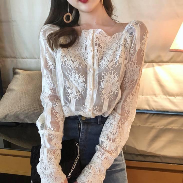 レースカットソー レースブラウス 総レース パフスリーブ 前ボタン ブラウス トップス インナー シアー カットソー Tシャツ シャツ レディースファッション ナ Gyh5 Olulu 通販 Yahoo ショッピング