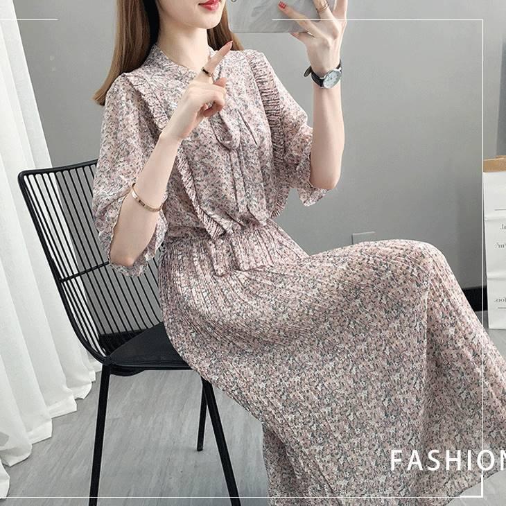 五分袖 ワンピース レディース ロング丈 ロングワンピース 花柄 ボウタイ プリーツ ひざ丈 5分袖 二の腕カバー サマーワンピース サマードレス レディースワ Gz1m Olulu 通販 Yahoo ショッピング