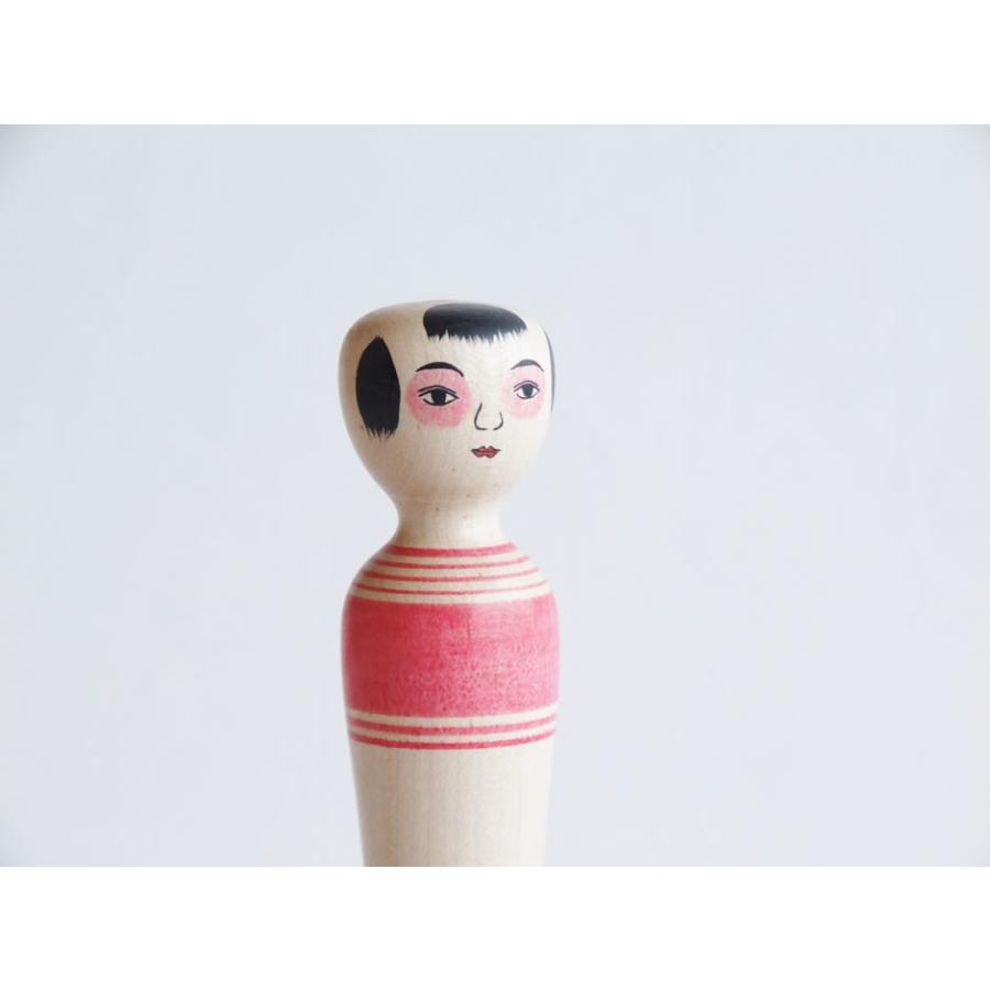 郷土玩具 民藝 川連こけし 三春文雄 治一型こけし 4寸7 桃×灰 : おまめ