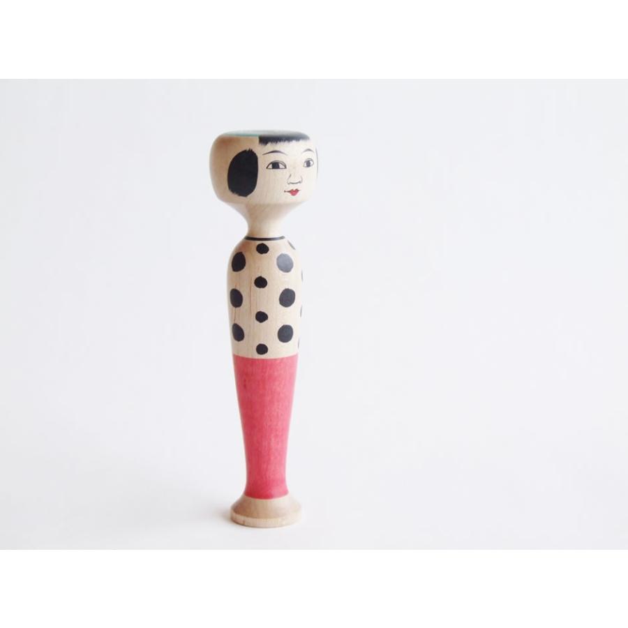 郷土玩具 民藝 川連こけし 三春文雄 治一型こけし 5寸4 黒水玉×桃