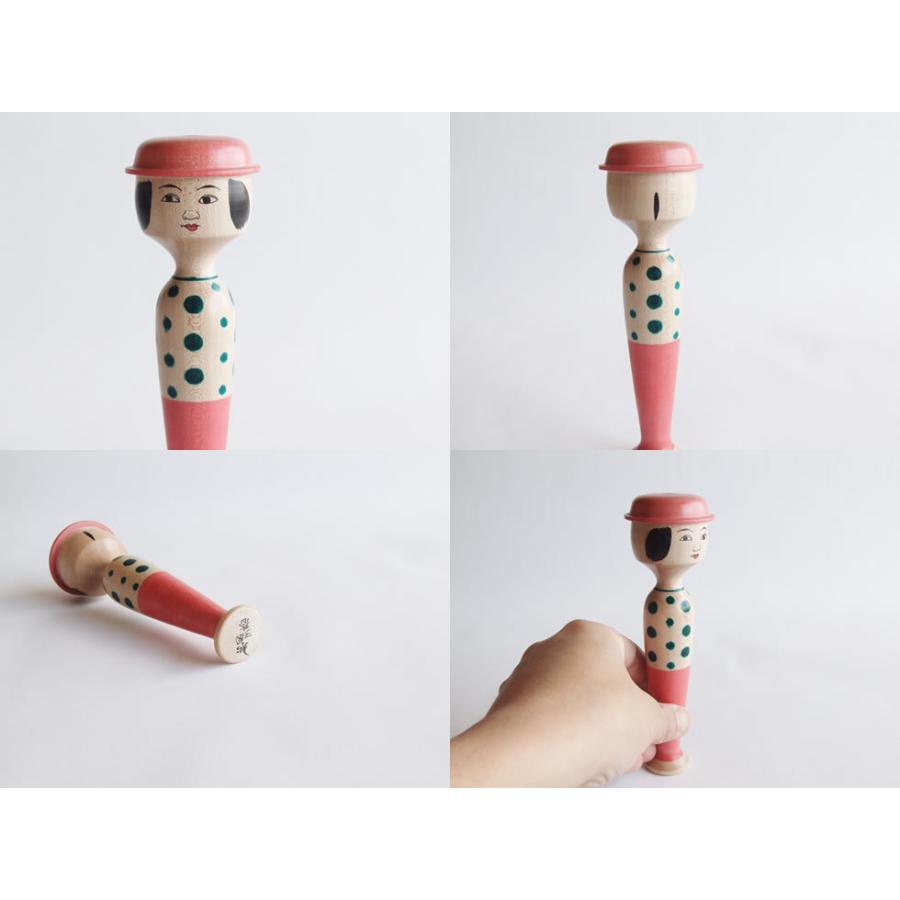 郷土玩具 民藝 川連こけし 三春文雄 治一型こけし 5寸3分 桃帽子