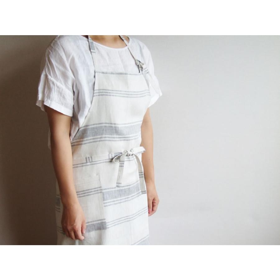リネン100％ チェック＆ストライプ 生成ボーダー レディースエプロン