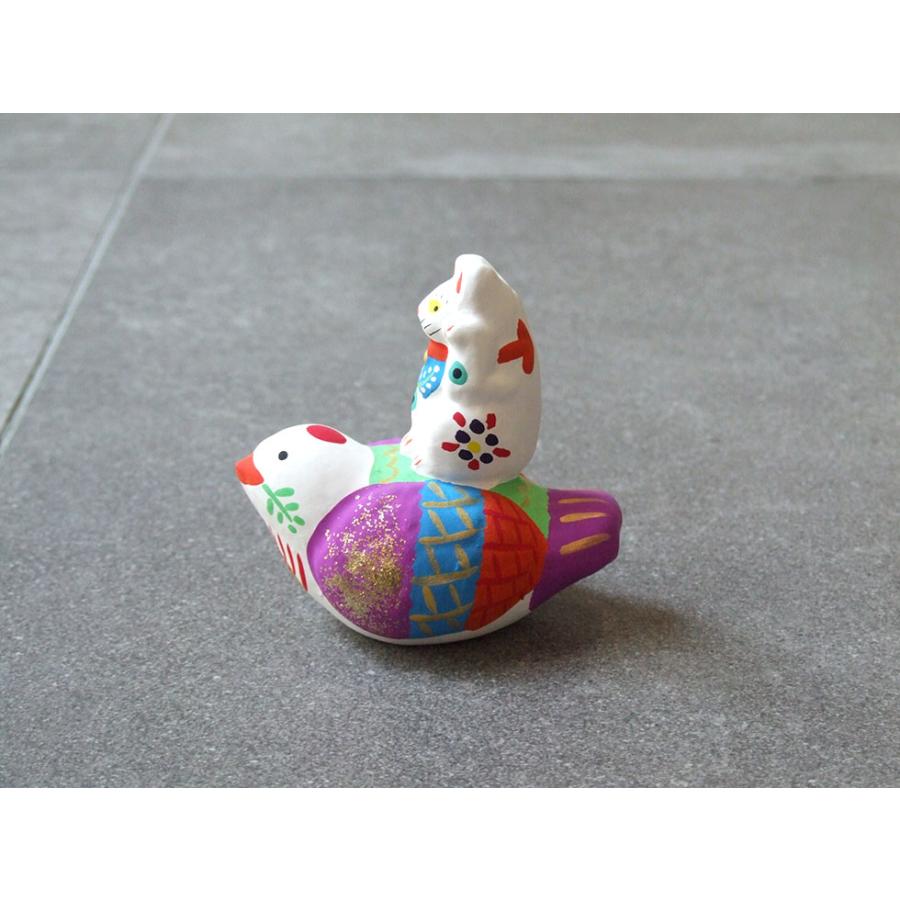 【縁起物】　女性置物 郷土玩具 民藝 福島県 工房千想 福良雀乗り猫 縁起物 置物 開運 厄除け