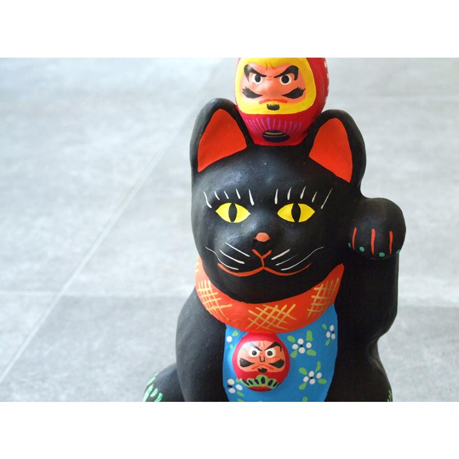 郷土玩具 民藝 福島県 工房千想 招き猫乗り達磨 黒猫 特大 縁起物 置物
