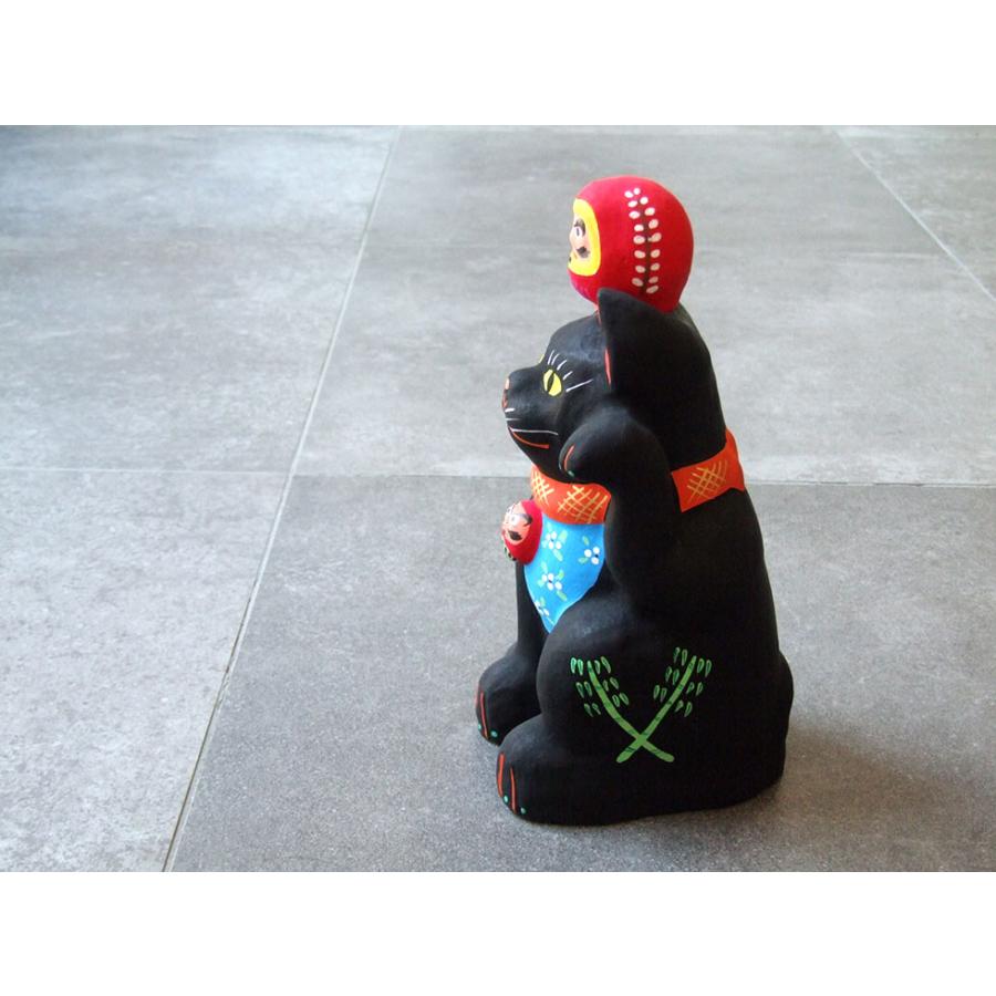 郷土玩具 民藝 福島県 工房千想 招き猫乗り達磨 黒猫 特大 縁起物 置物