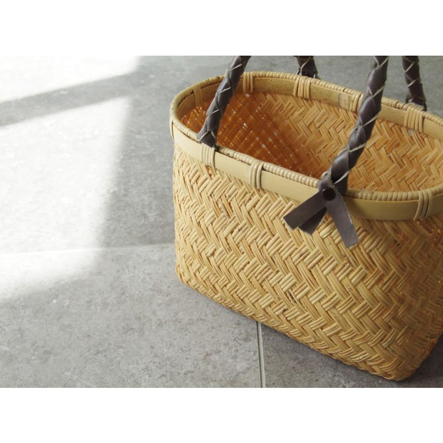 山梨県 富士山麓のスズ竹細工 市場かご 革ハンドル 丸籠 : おまめ