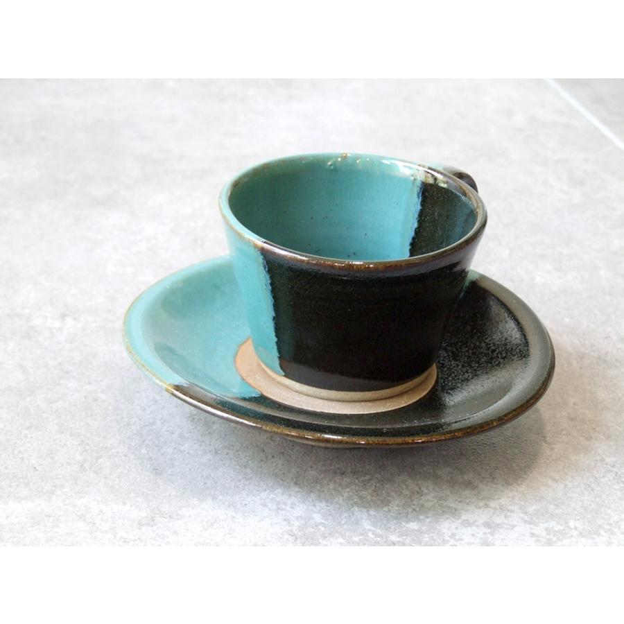 鳥取の民藝 牛ノ戸焼窯元 コーヒーカップ＆ソーサー 黒と緑 染分け B