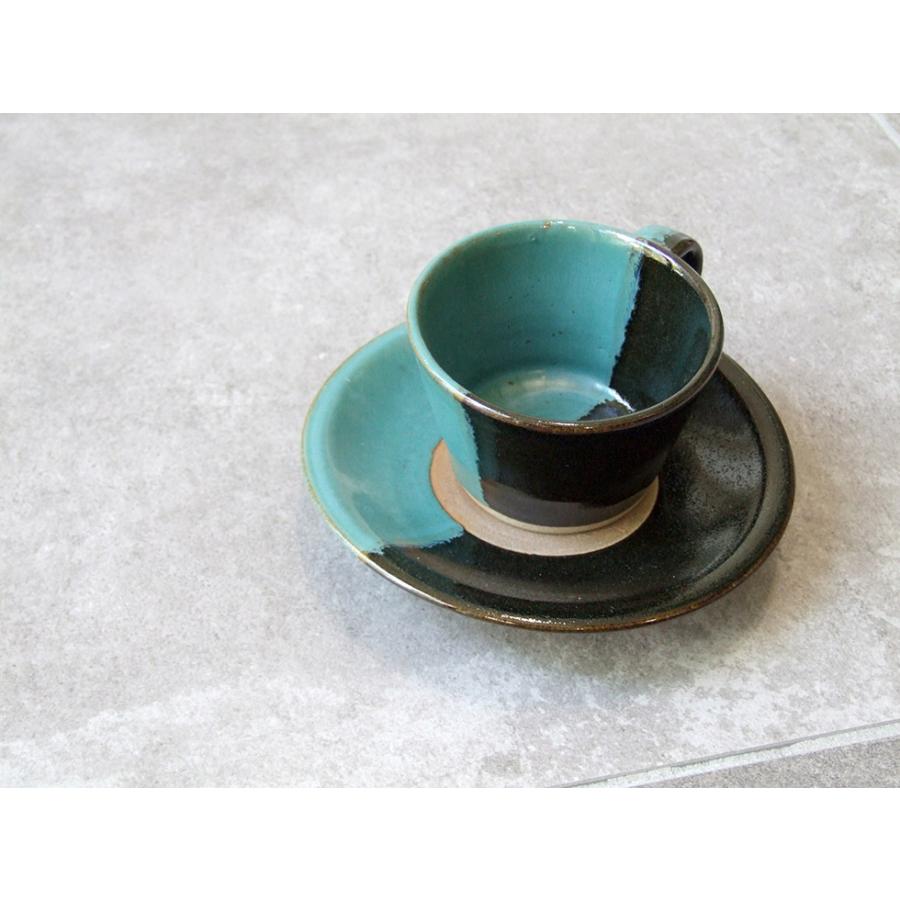 鳥取の民藝 牛ノ戸焼窯元 コーヒーカップ＆ソーサー 黒と緑 染分け B
