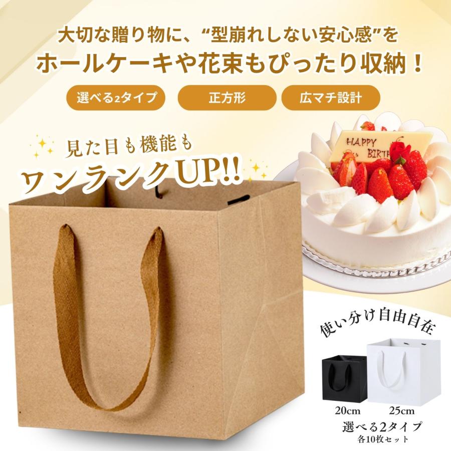 紙袋 手提げ ギフト用 マチ広 ギフトバッグ 中 白 正方形 20cm角 10枚