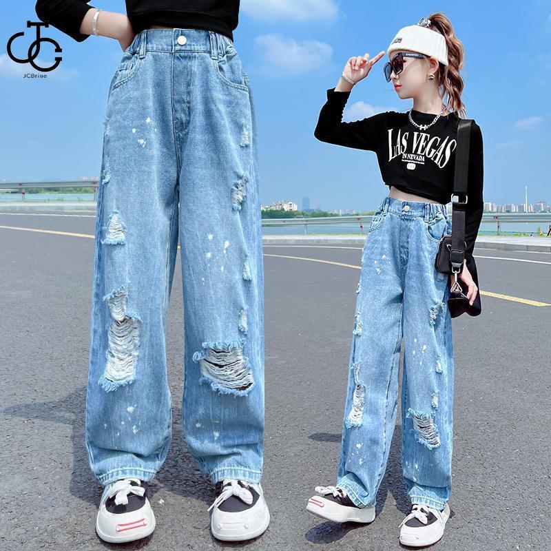 韓国子供服 春秋 デニムダメージジーンズ 女の子 デニムパンツ 通学着  