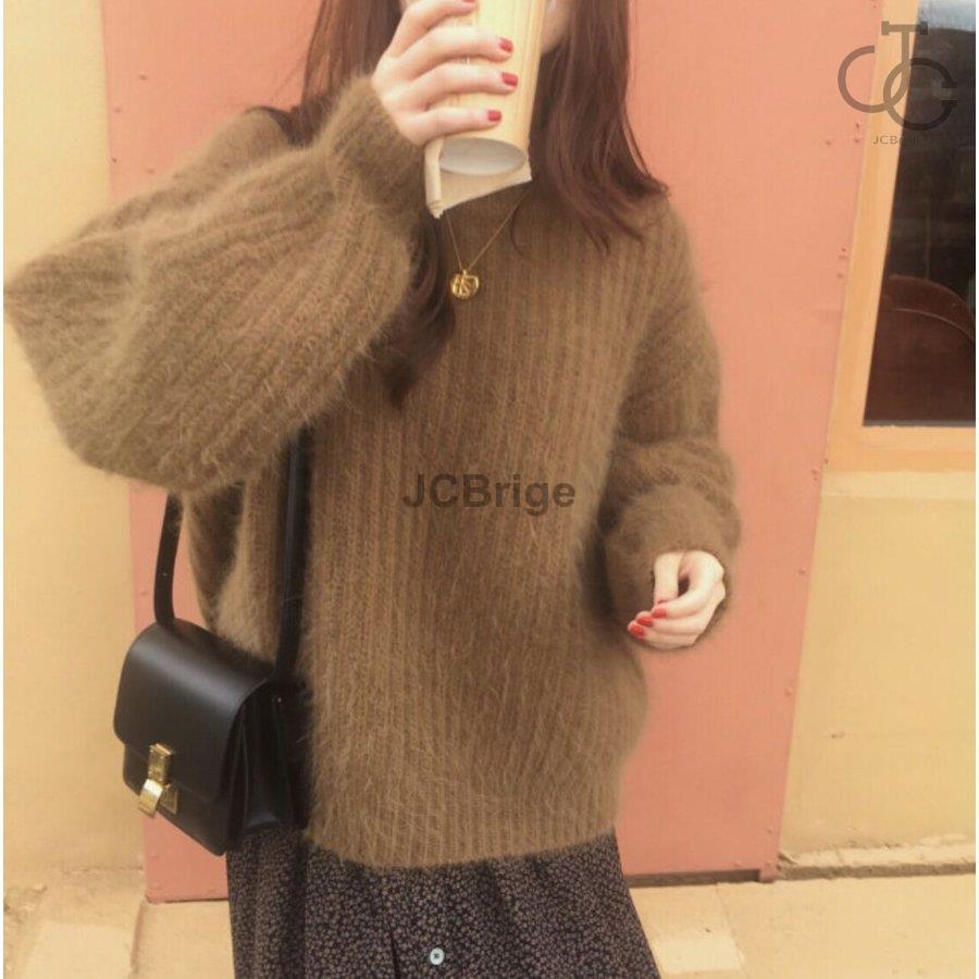 トップス レディース モヘアニット 長袖 シンプル ブルー ピンク  