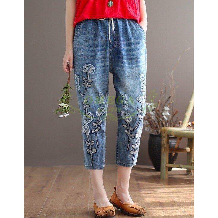 デニムクロップドパンツ タンポポ刺繍レディースデニムパンツ デニムクロップドパンツ タンポポ刺繍レディースデニムパンツ
