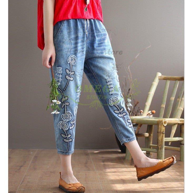 デニムクロップドパンツ タンポポ刺繍レディースデニムパンツ デニムクロップドパンツ タンポポ刺繍レディースデニムパンツ
