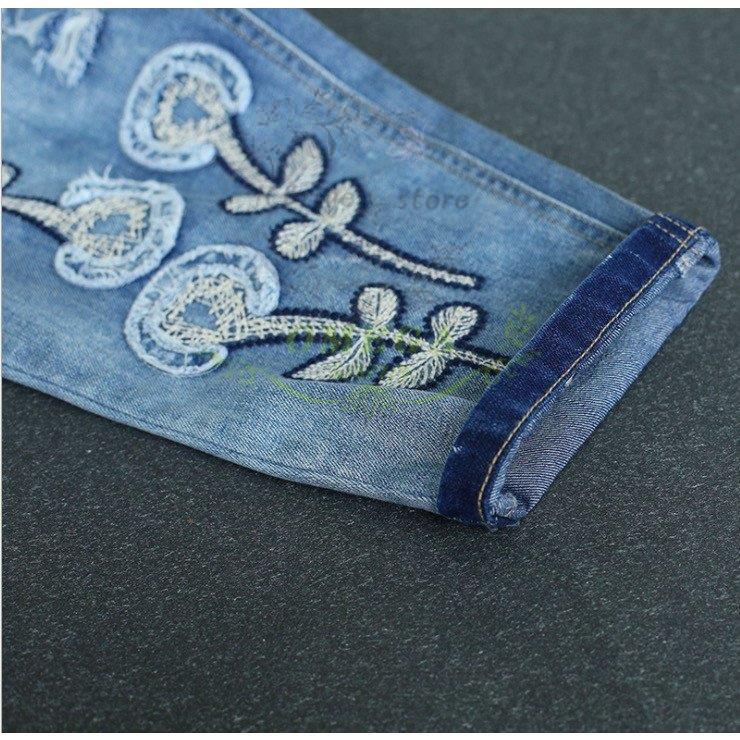デニムクロップドパンツ タンポポ刺繍レディースデニムパンツ デニムクロップドパンツ タンポポ刺繍レディースデニムパンツ