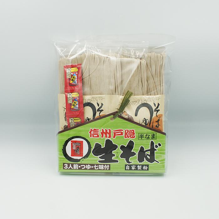 送料込）信州戸隠半なま生そば3人前つゆ・七味付 自家製粉×5袋（信州