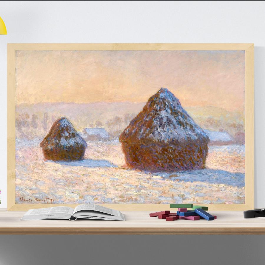 手書き油絵 クロード・モネ 積みわら 雪の効果 額付 絵画 インテリア 油彩画 モネ【積みわら - 朝の雪の効果】 - 手描き 絵画（油絵複製画）販売の