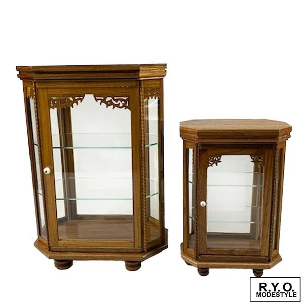 ミニチュア ショーケース 背面ガラス 六角形 丸足 木製ガラスケース