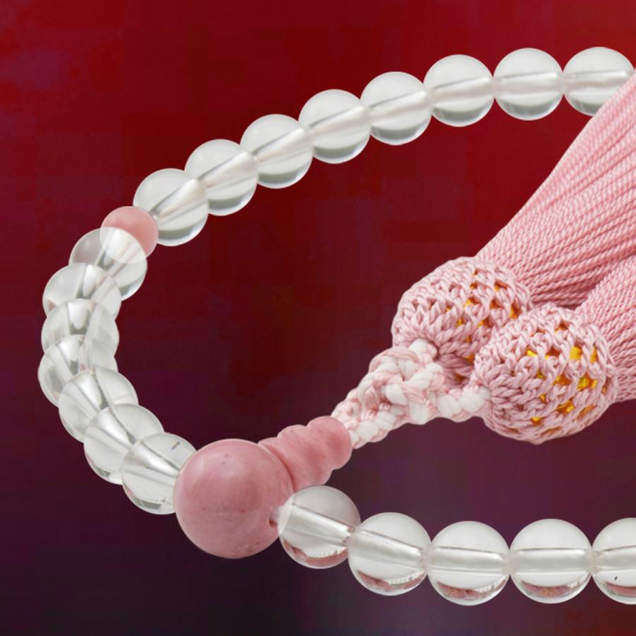 数珠 女性用 天然水晶 ロッククリスタル ピンクジャスパー 頭付弥勒房 山念 日本製 おもいや｜数珠