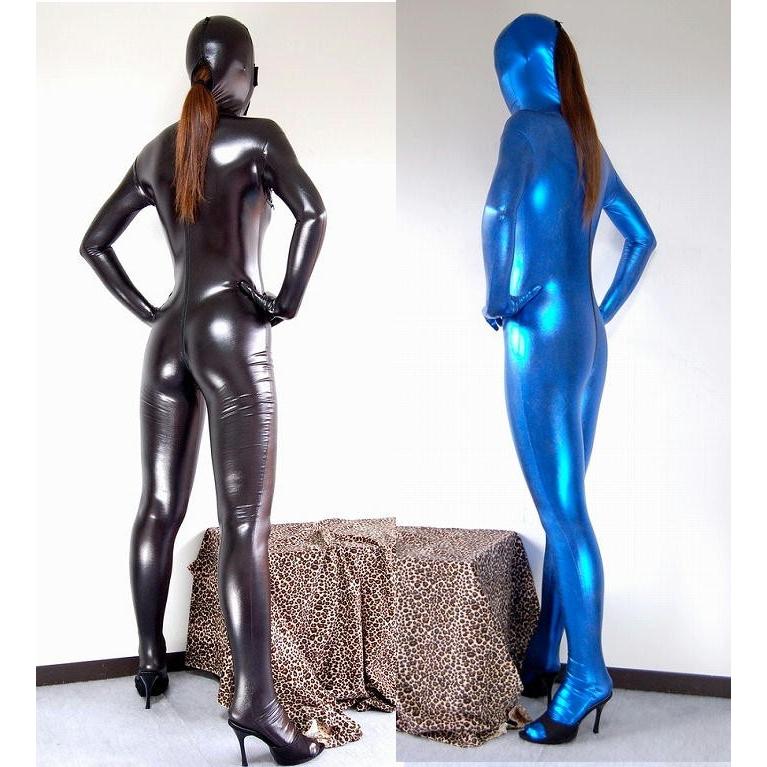 光沢 メタリック 全身タイツ 6頭ファスナー 黒色 青色 Zentai