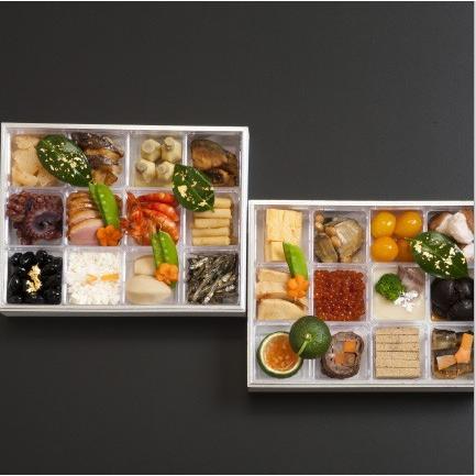 おもてなしギフト　お節料理　中津川宿の老舗　上見屋の特製　２段重ね　お節料理　２４種の手作り　生おせち ラッピング