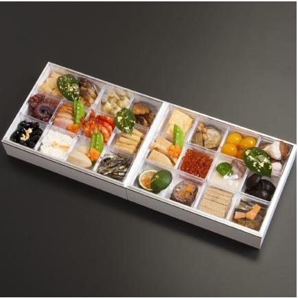 おもてなしギフト　お節料理　中津川宿の老舗　上見屋の特製　２段重ね　お節料理　２４種の手作り　生おせち ラッピング