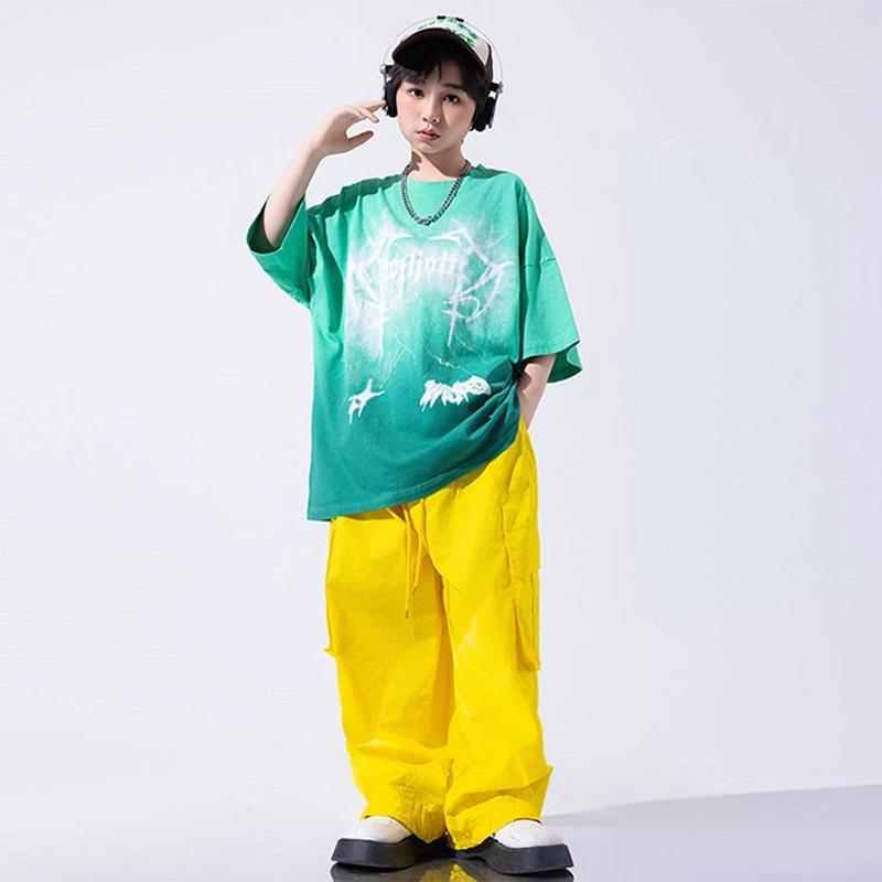 キッズ ダンス衣装 グリーン Tシャツ イエロー カーゴパンツ ベルト