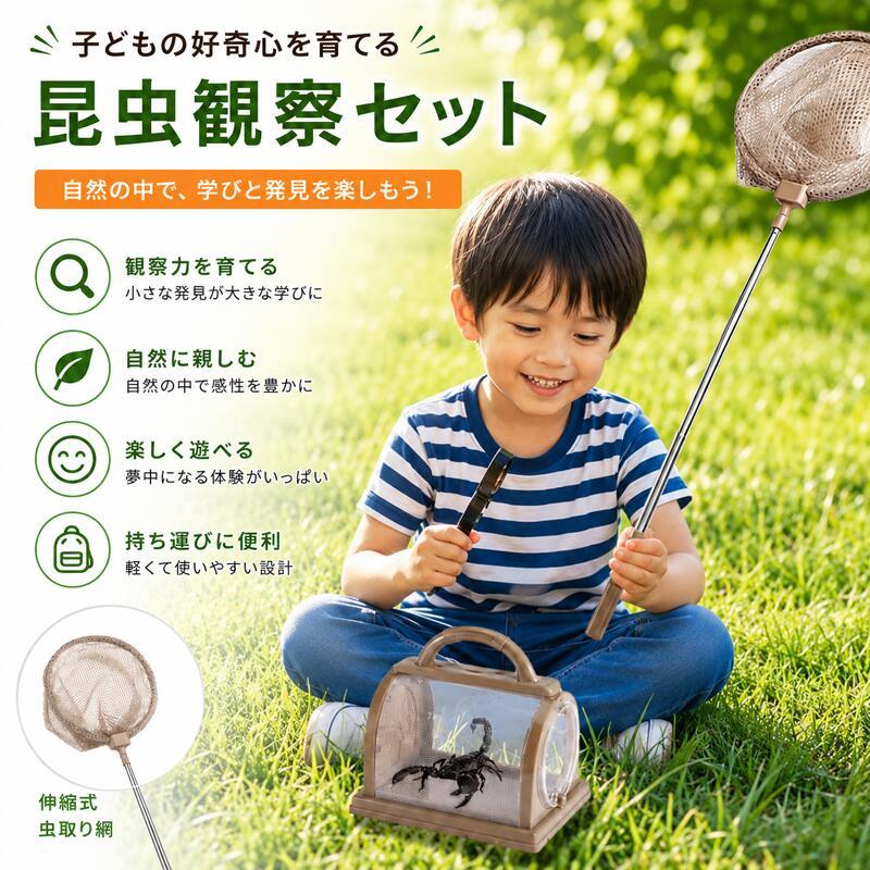 昆虫観察ボックス 5点セット 昆虫採集キット 拡大鏡付き 虫かご 昆虫