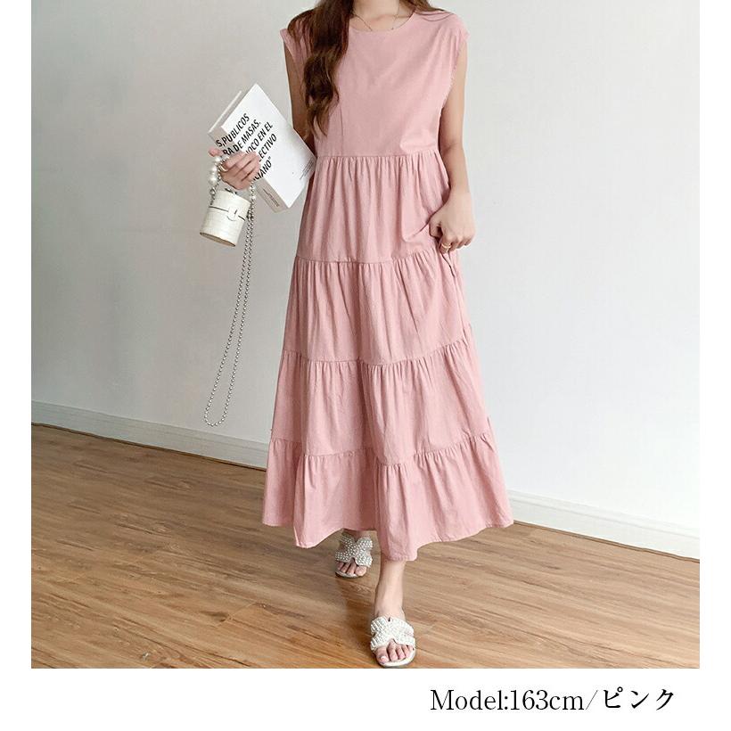 レディース ティアードワンピース ロング ノースリーブ Aライン フレア