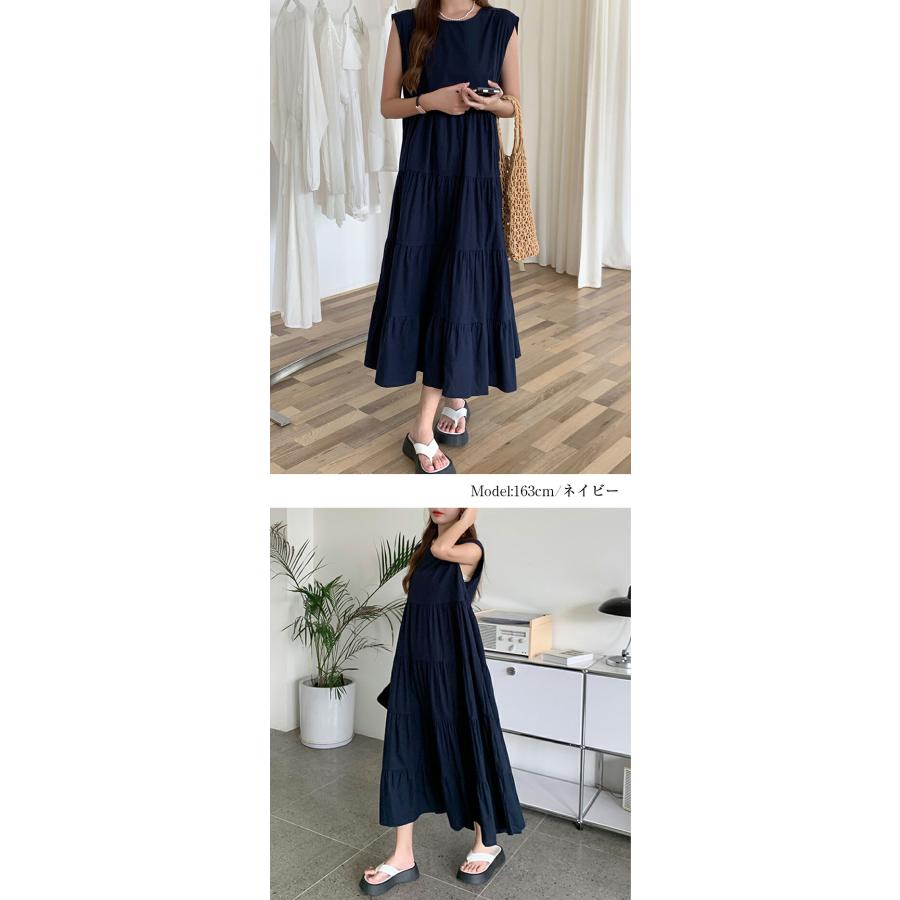 レディース ティアードワンピース ロング ノースリーブ Aライン フレア
