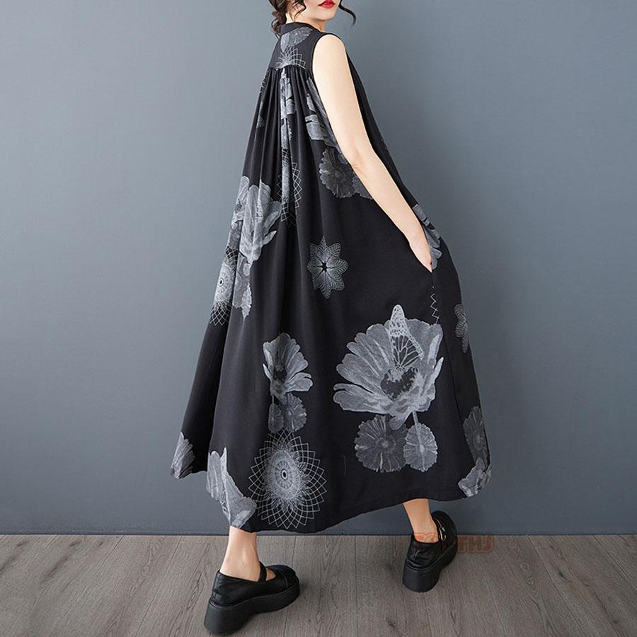 レディース 花柄 シフォン ロングワンピース ノースリーブ 前開き 立ち
