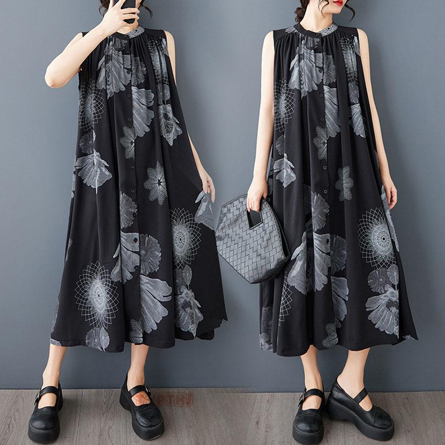 レディース 花柄 シフォン ロングワンピース ノースリーブ 前開き 立ち