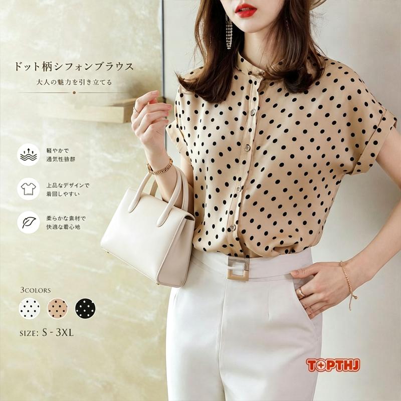 レディース 半袖 シフォンブラウス ドット柄 薄手 ゆったり 体型カバー 